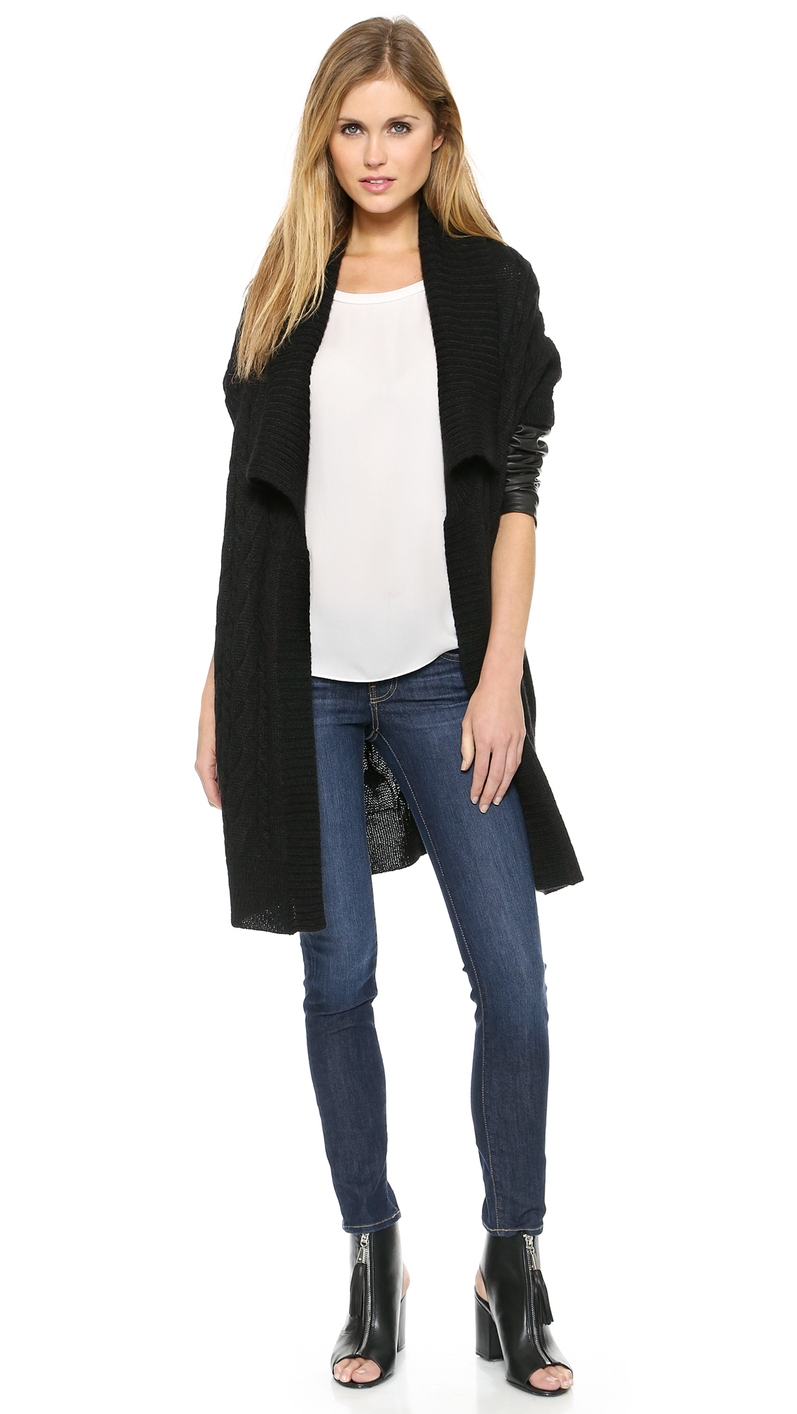 DKNY Pure Cardigan With Leather Sleeves Black/Black Lyst
