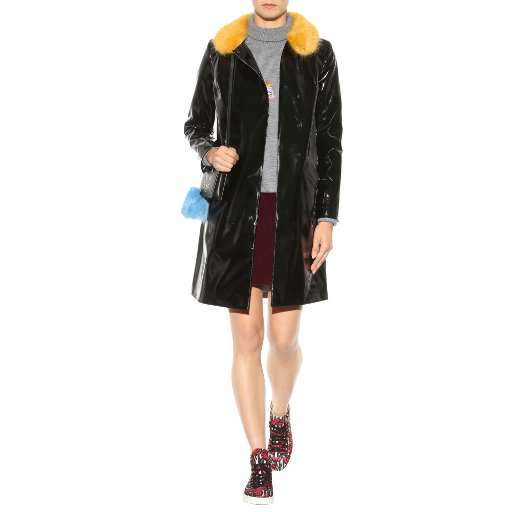 black patent coat with fur hood