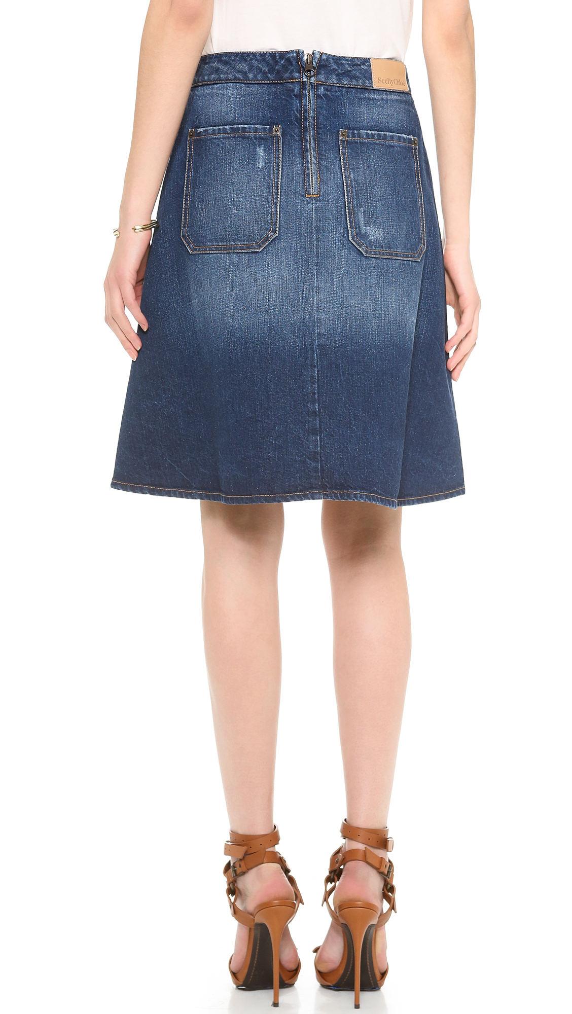 See By Chloé Knee Length Denim Skirt in Blue - Lyst