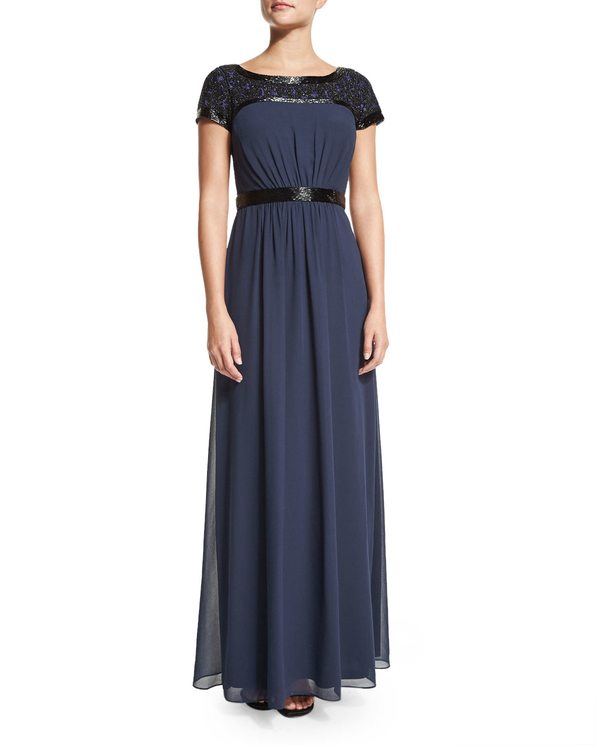 Lyst Aidan Mattox Shortsleeve Beadedtrim Gown in Blue