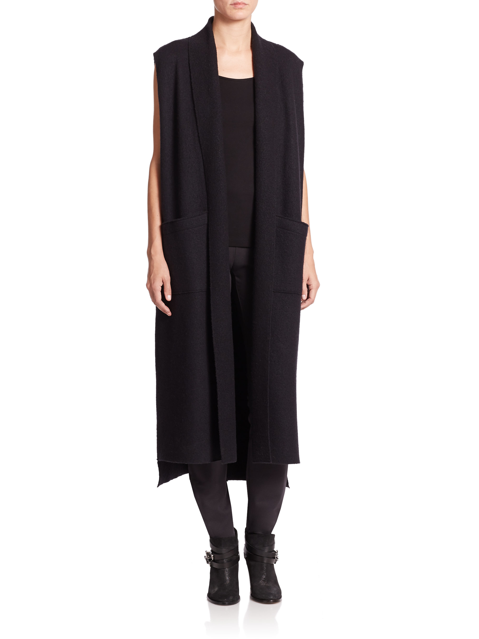 Eileen Fisher Long Sleeveless Boil Wool Kimono Vest in Black Lyst