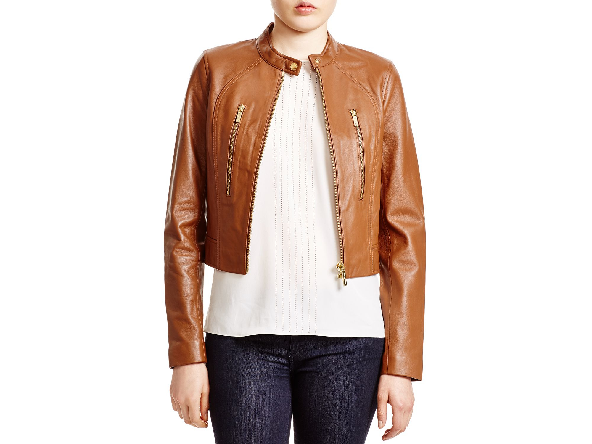 Michael Kors Brown Cropped Leather Moto Jacket
