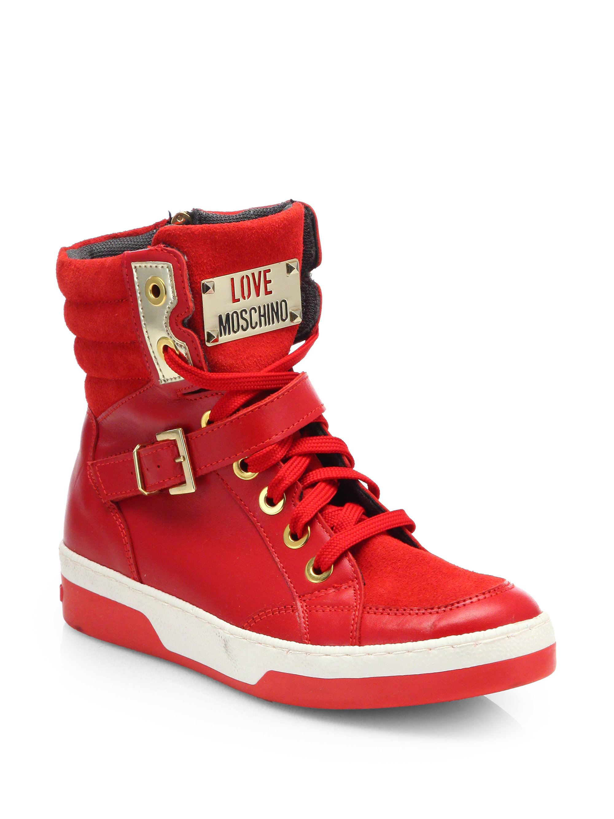 Love Moschino Chain Leather Hightop Sneakers in Red - Lyst