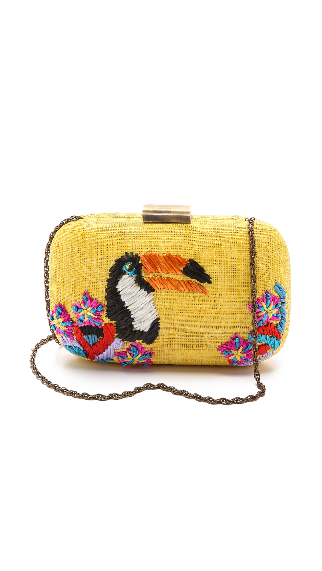 Serpui Toucan Embroidered Fauna Clutch in Yellow Lyst