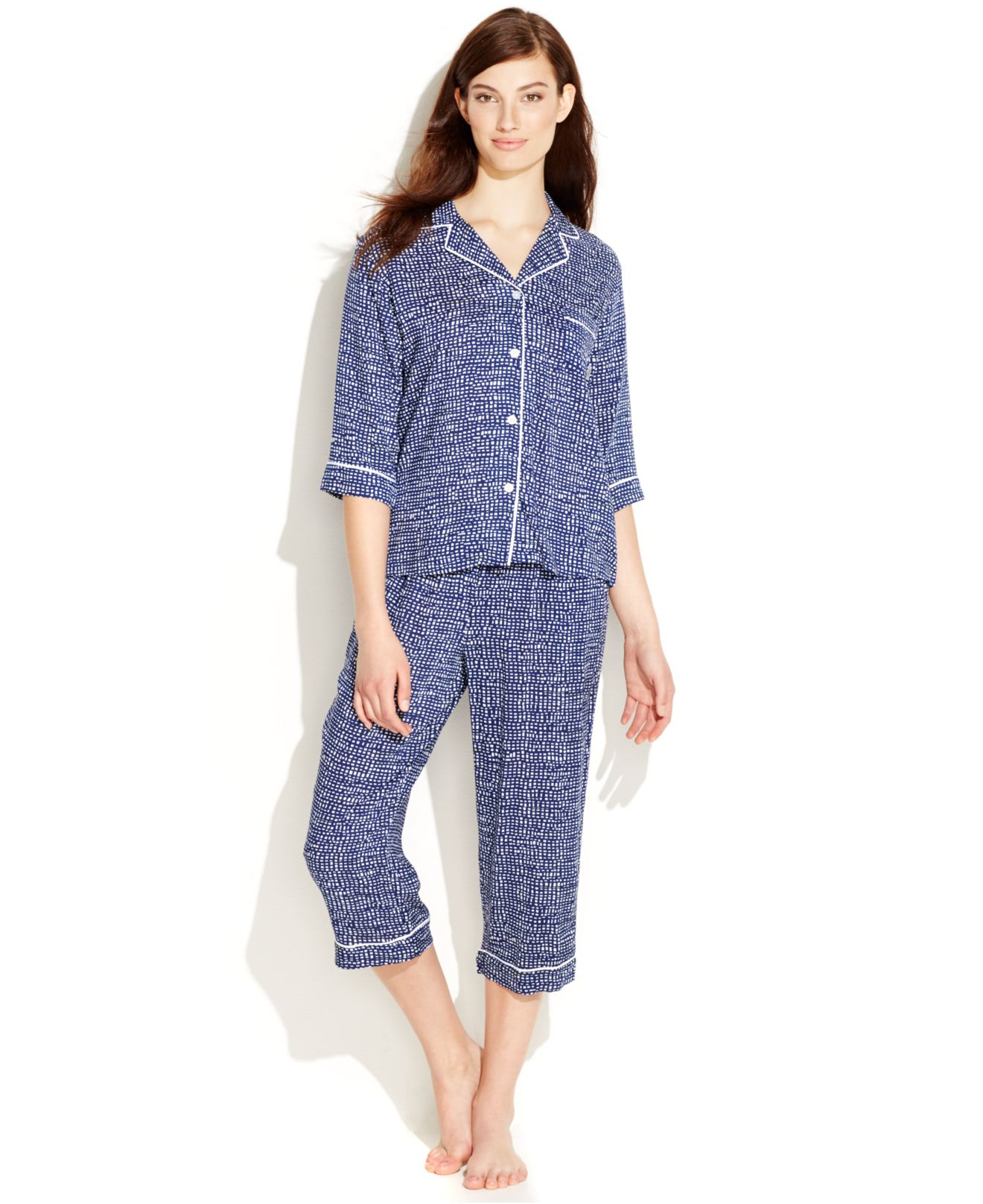 DKNY Notch Collar Top And Capri Pajama Pants Set in Blue - Lyst