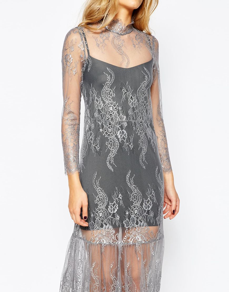 Ganni Victoriana Lace Midi Dress in Gray - Lyst