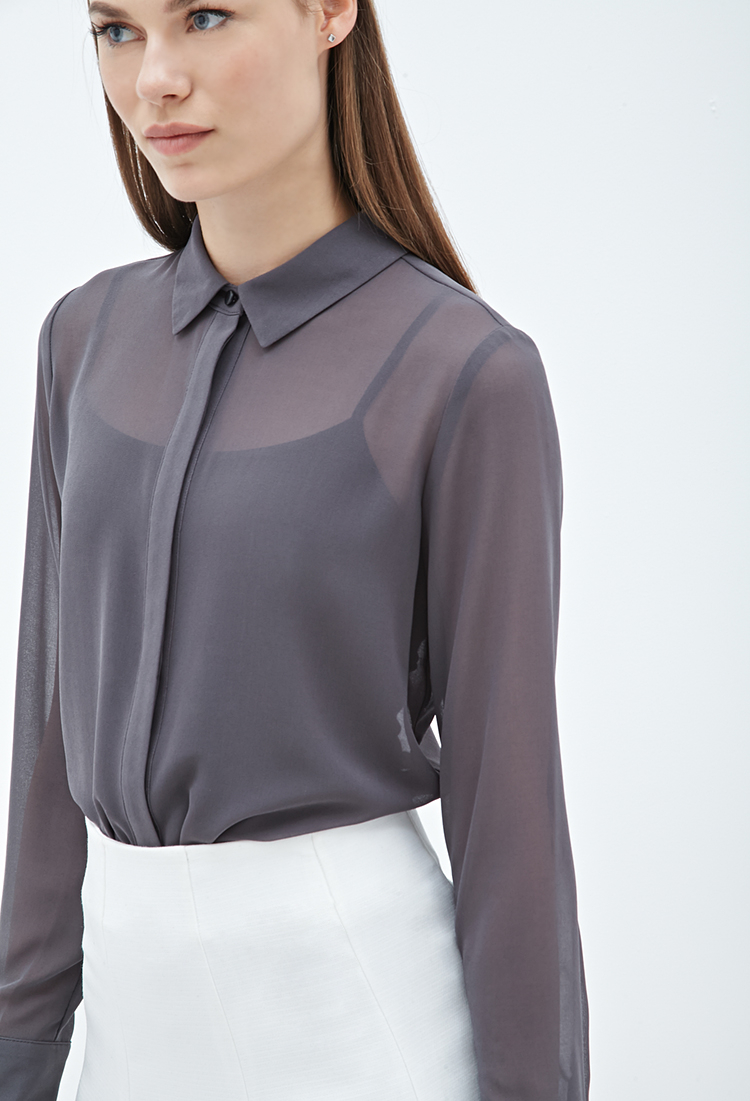 Forever 21 Collared Chiffon Blouse in Grey (Gray) | Lyst