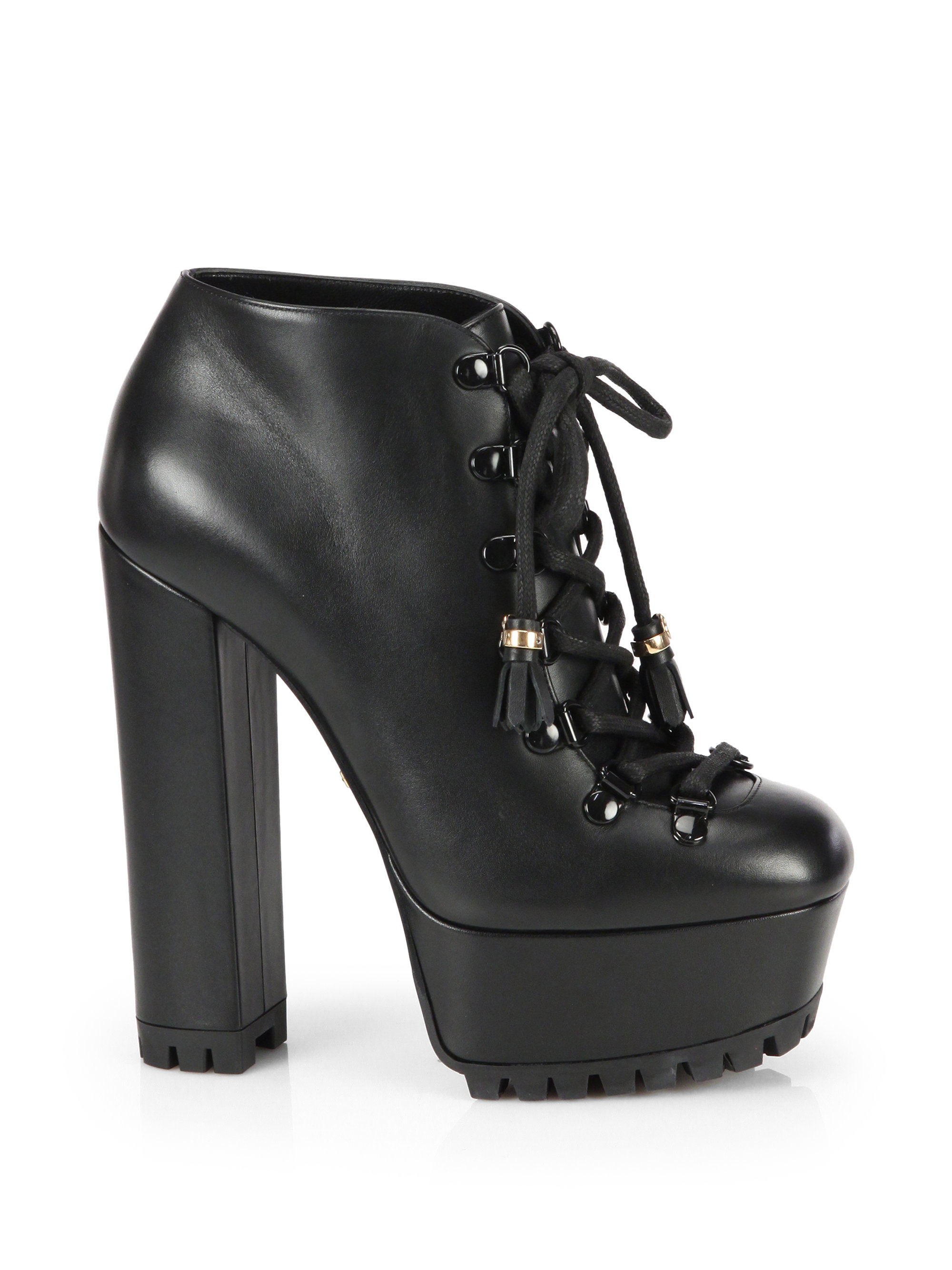 Gucci Kayla Lace-Up Leather Platform Ankle Boots in Black | Lyst