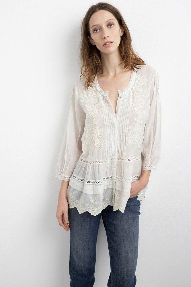 Velvet by graham & spencer Zumera Cream Embroidered Cotton Voile Blouse ...