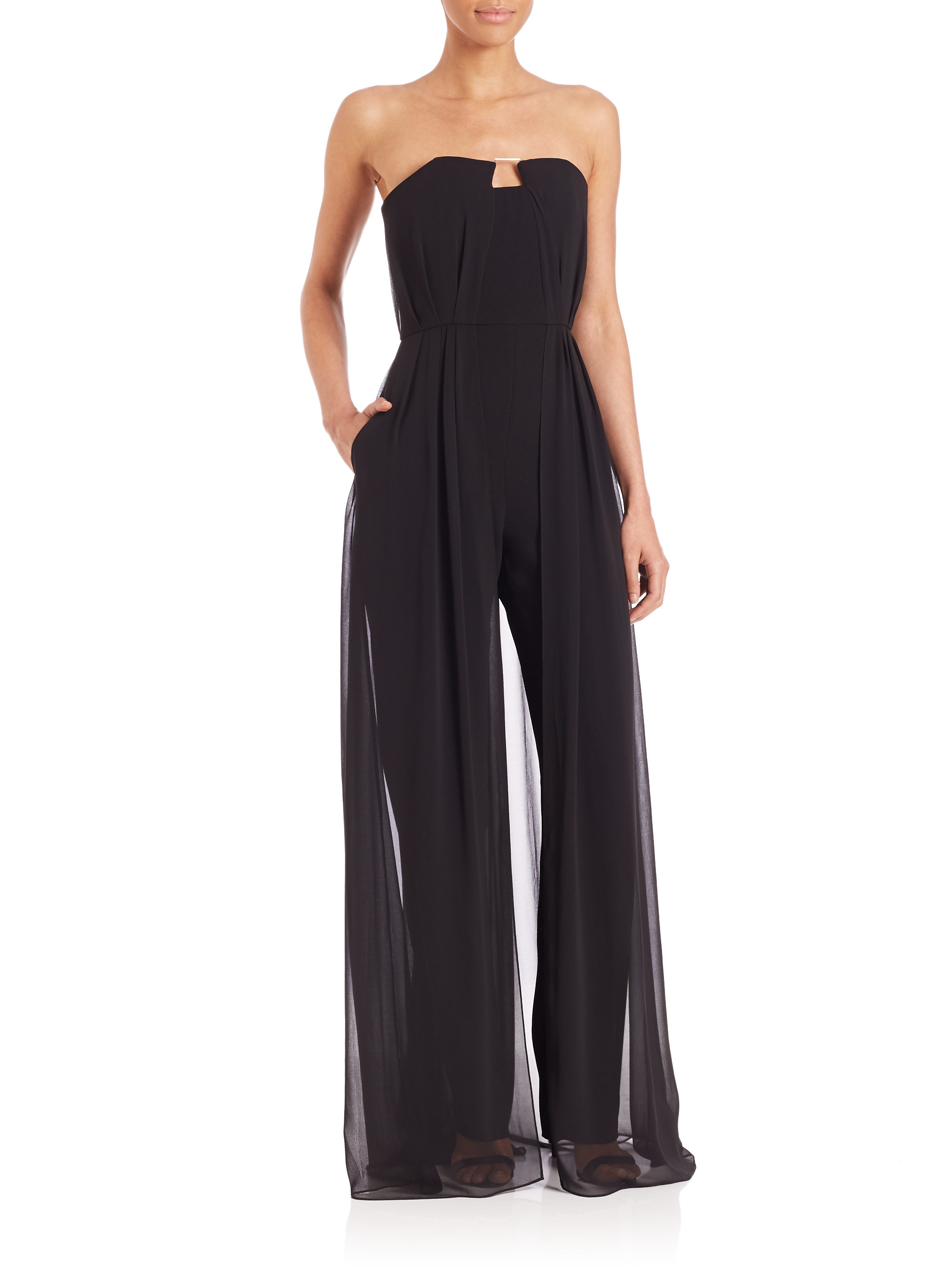 Halston Synthetic Strapless Georgette Overlay Jumpsuit in Black - Lyst