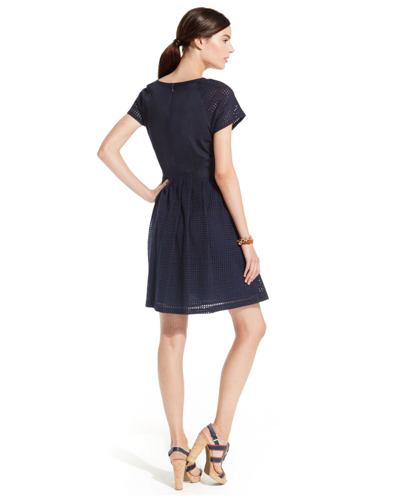 Tommy hilfiger Pleated Eyelet Fit & Flare Dress in Blue | Lyst
