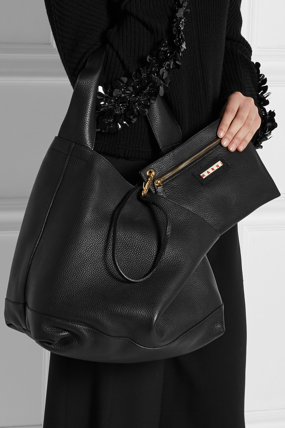 Marni Hobo Medium Textured-Leather Shoulder Bag in Black - Lyst
