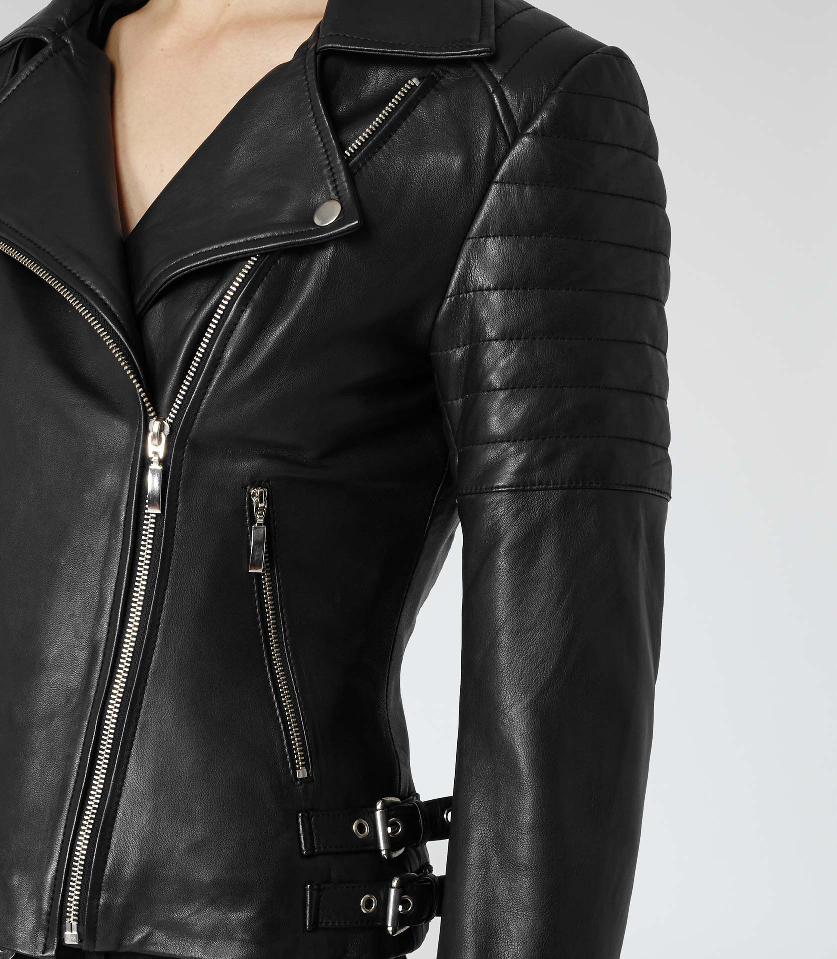 Reiss Black Topaz Quilted Leather Biker Jacket