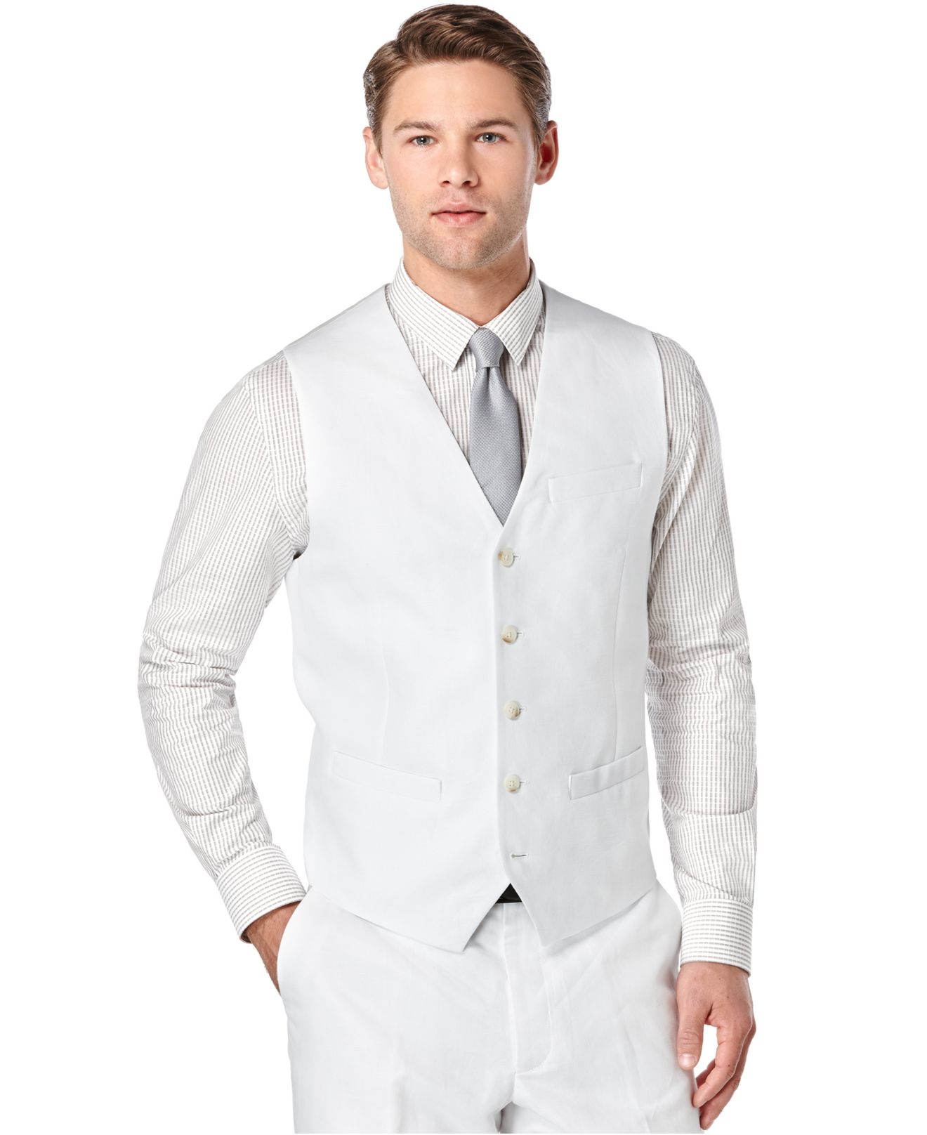 Perry ellis Linen Solid Vest in White for Men (Bright White) | Lyst