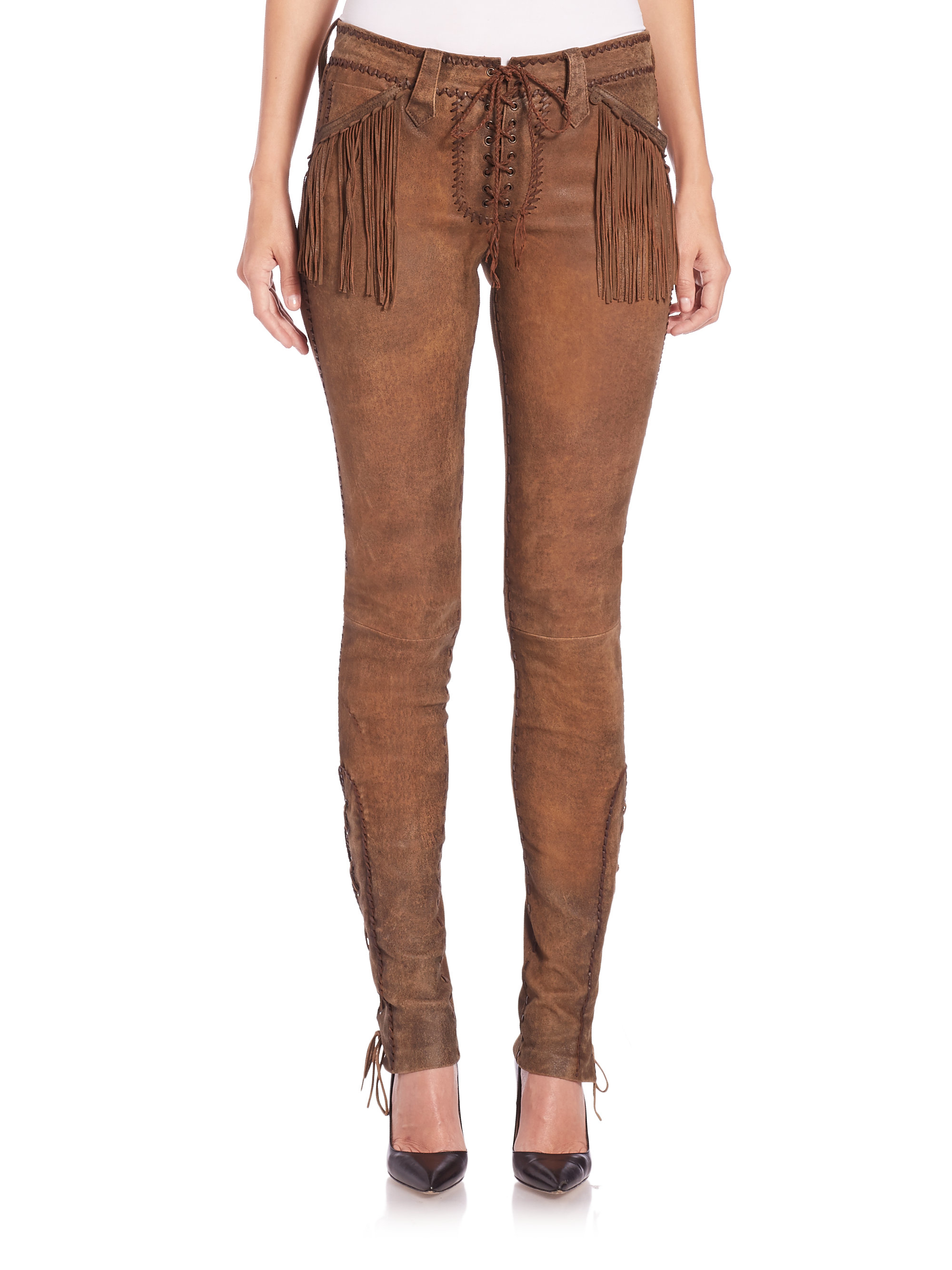 Polo Ralph Lauren Fringed Stretch Leather Pants in Brown | Lyst