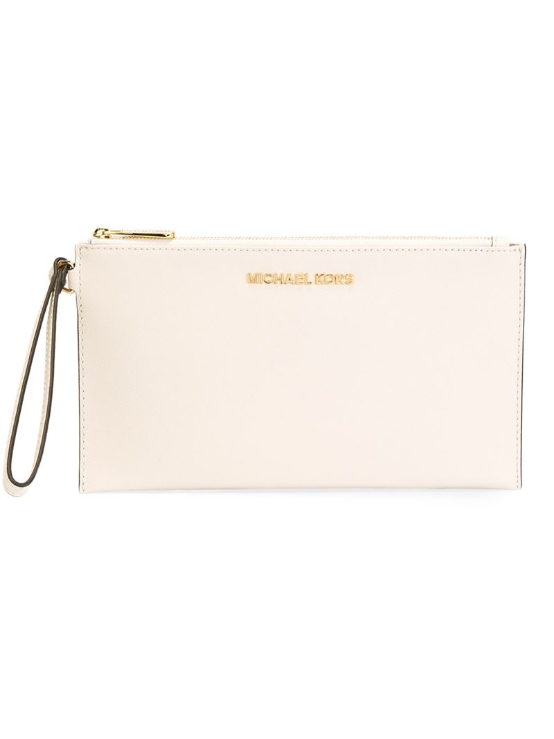 MICHAEL Michael Kors Leather 'bedford' Wristlet Clutch in Natural - Lyst