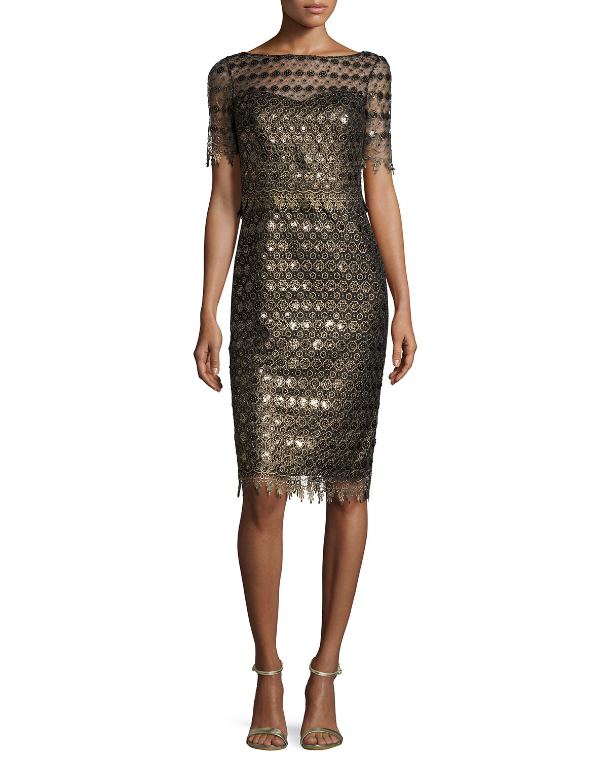badgley mischka metallic lace gown