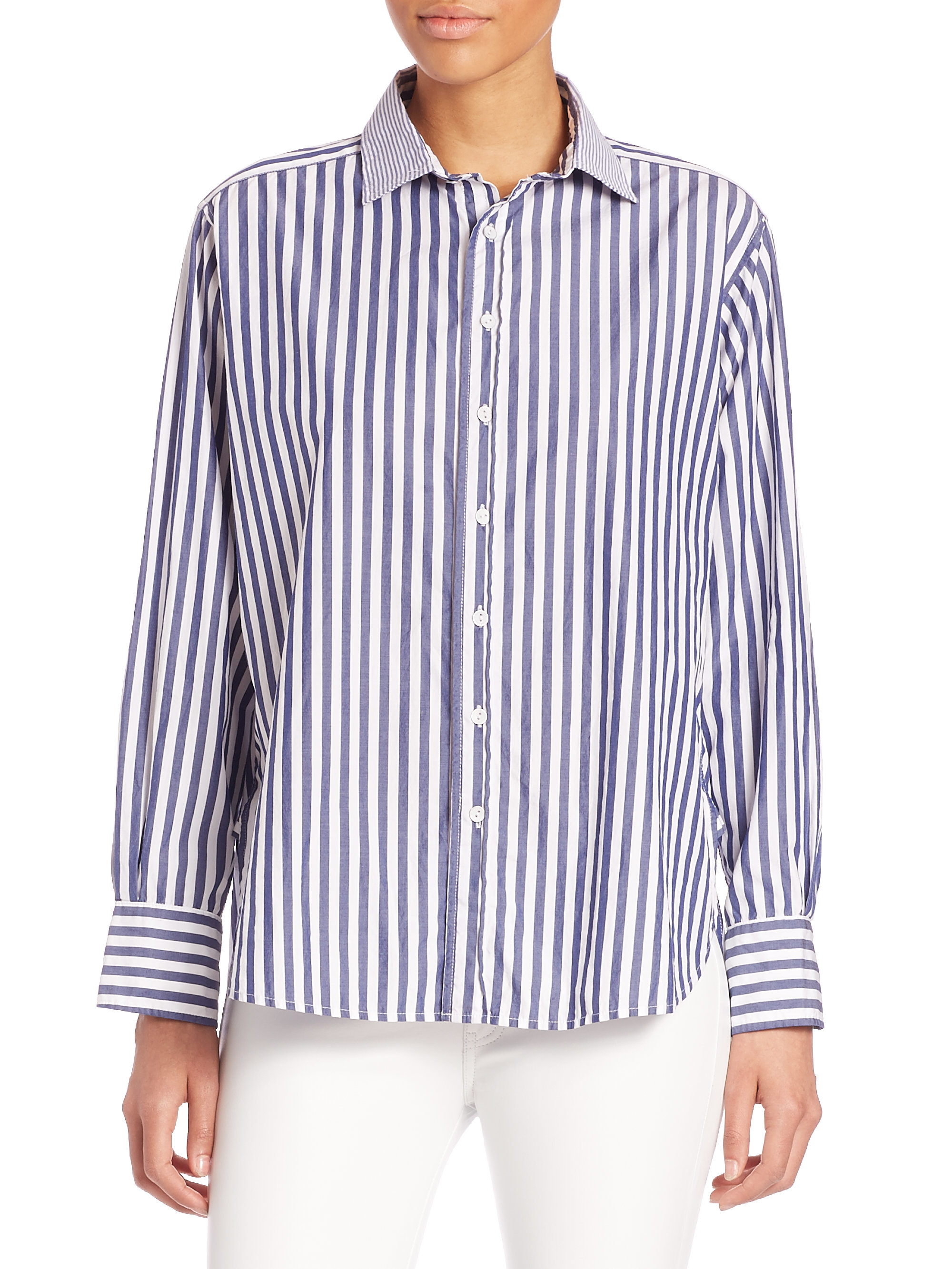 Rag & Bone Striped Cotton Boyfriend Shirt in Navy-White (Blue) - Lyst