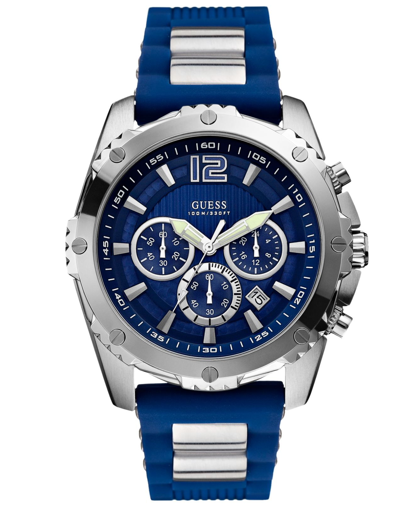 Guess Watch Mens Chronograph Steel and Blue Silicone Strap 47mm for Men