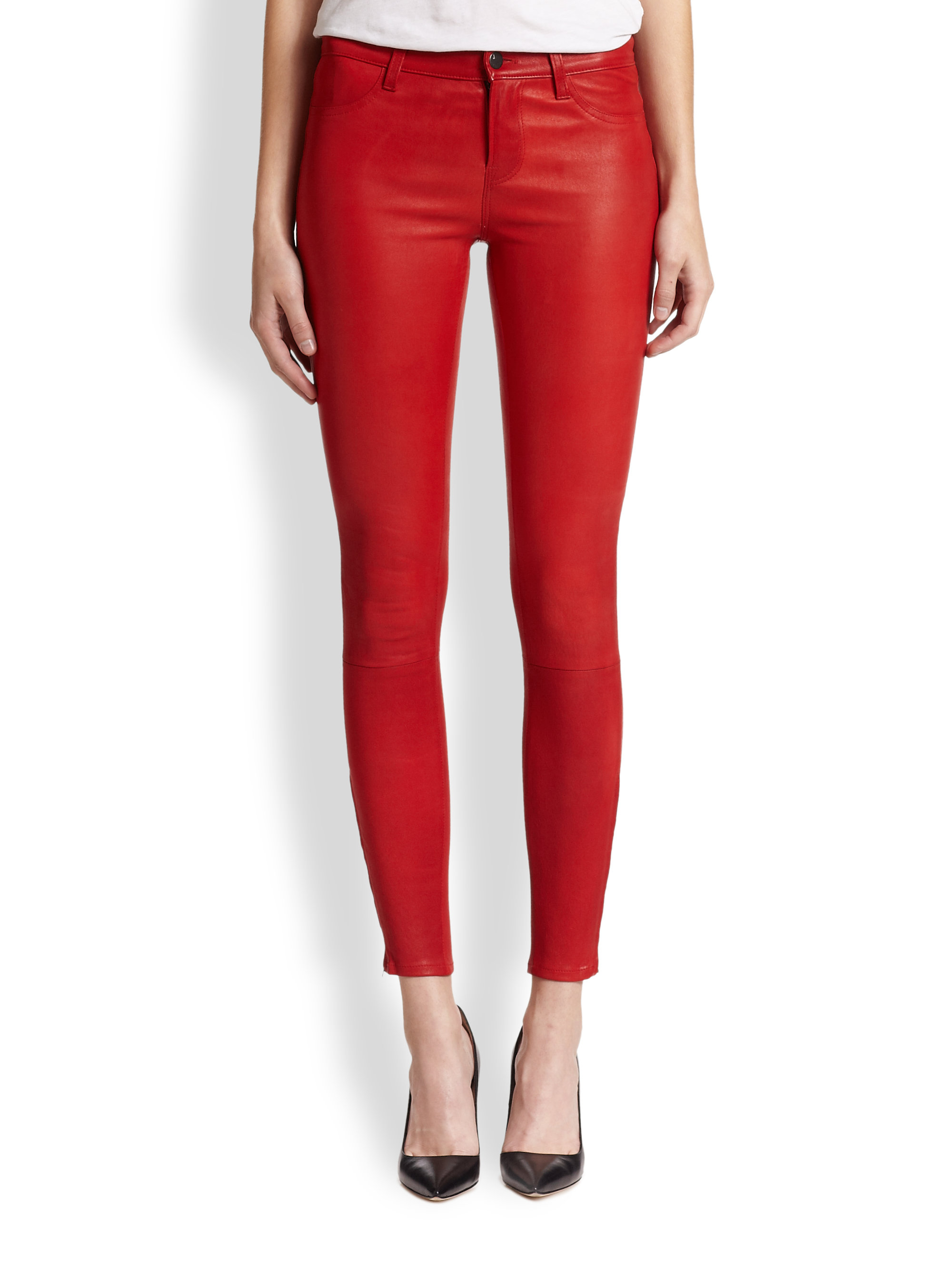 Lyst - J Brand Leather Skinny Jeans in Red