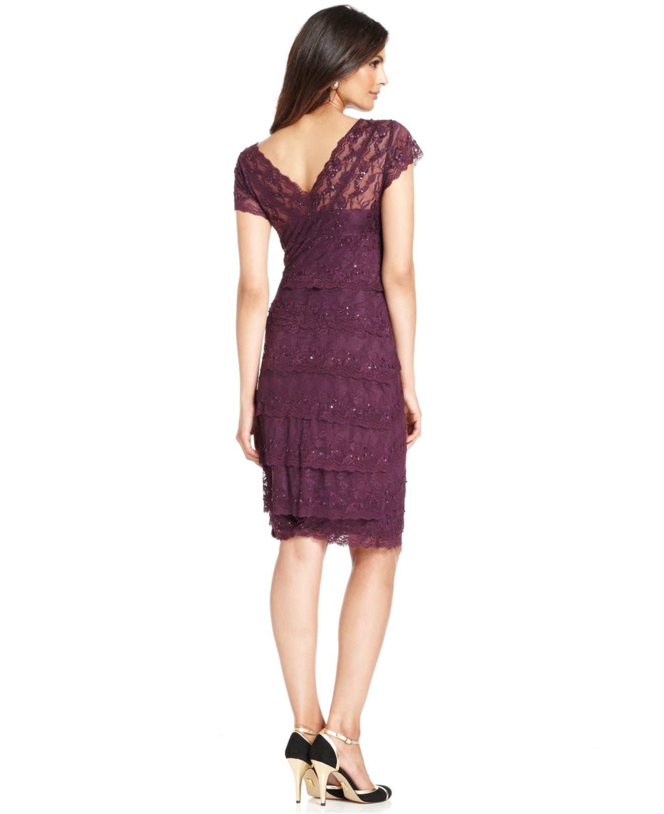Marina Petite Cap-Sleeve Lace Dress in Purple | Lyst