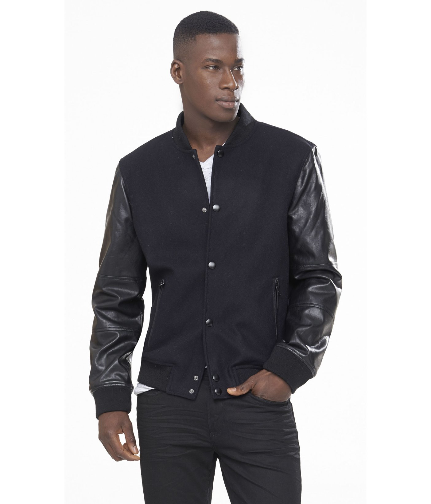 Express Black Minus The Leather Sleeve Baseball Jacket For Men