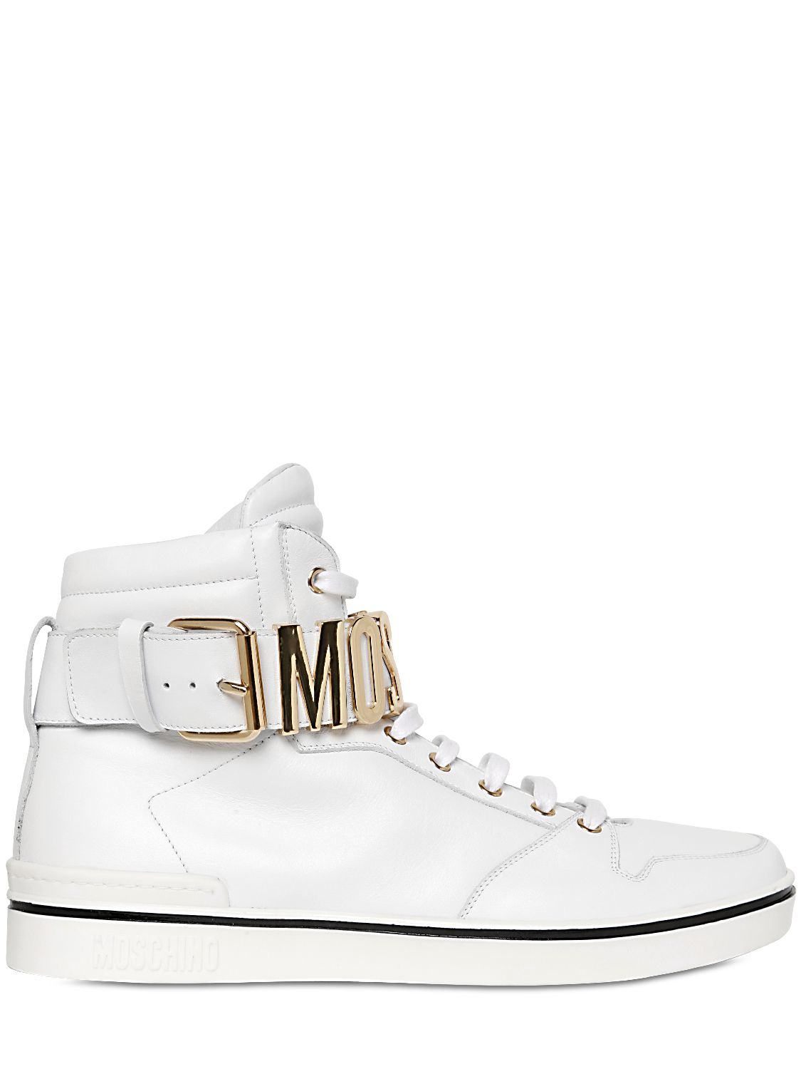 Lyst - Moschino Logo Lettering Leather High Top Sneakers in White