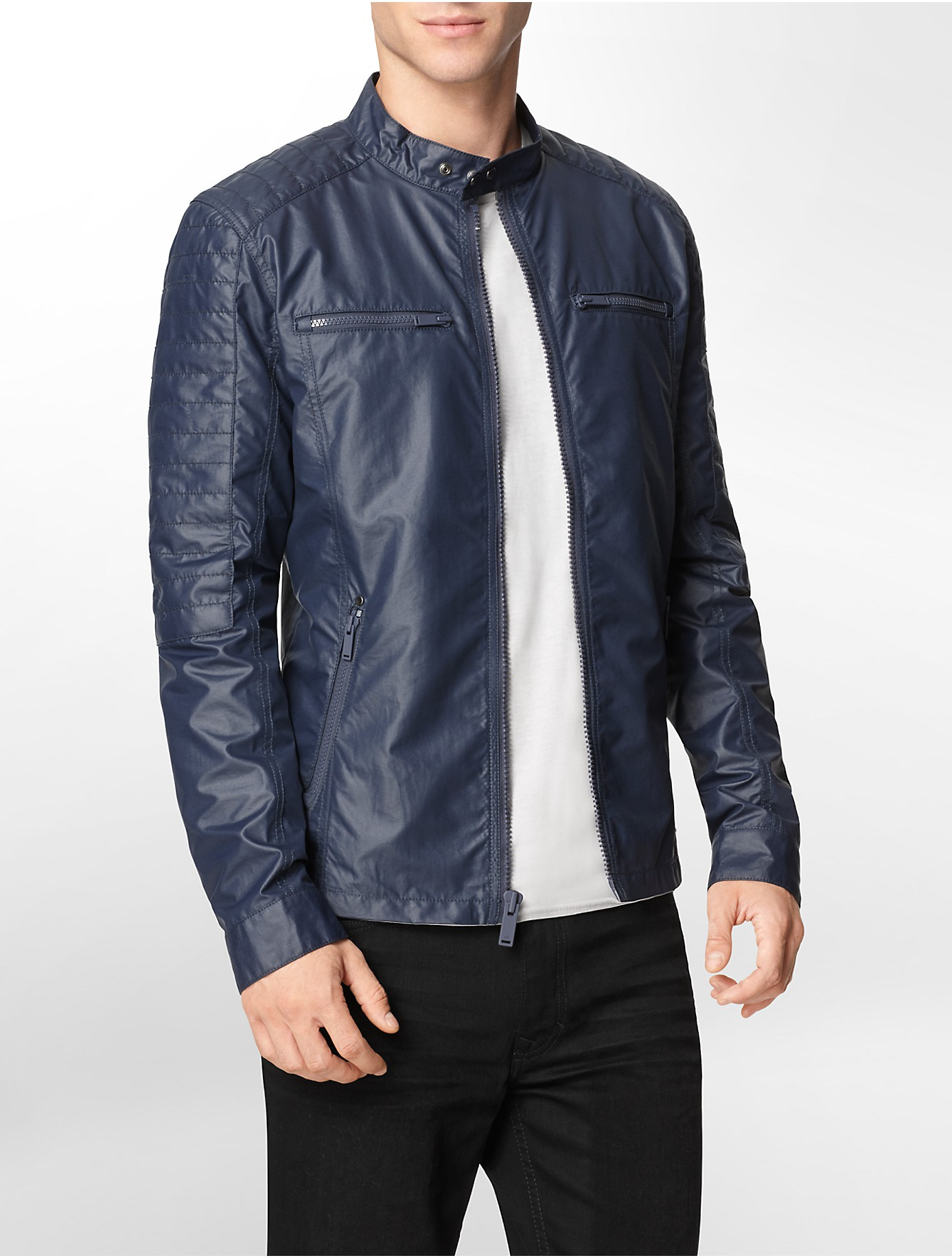 calvin klein blue leather jacket