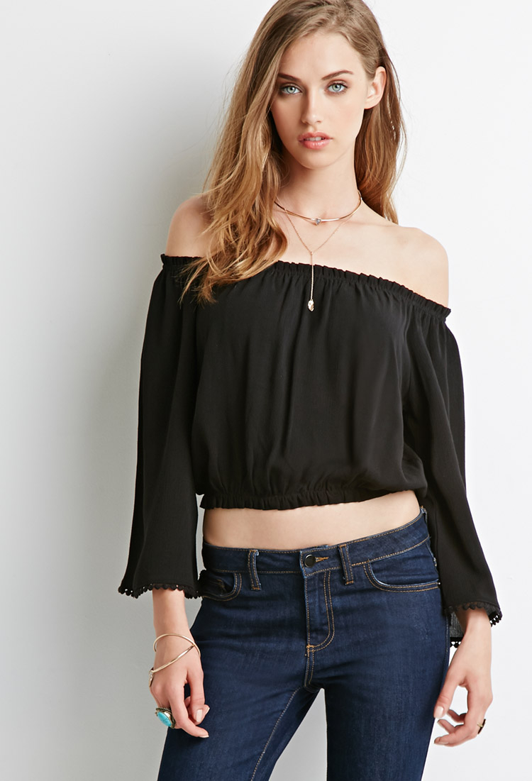 Forever 21 Crocheted Off-the-shoulder Top in Black | Lyst