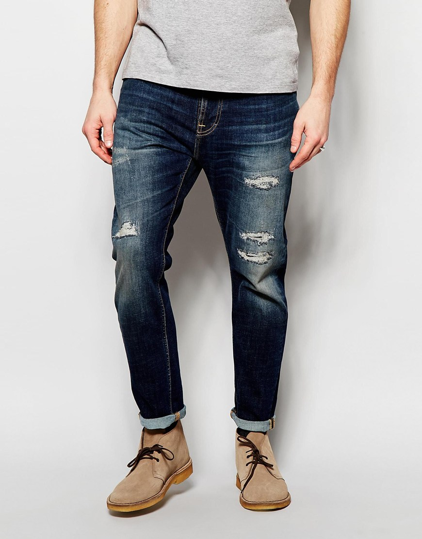 Nudie Jeans Brute Knut Distressed Tapered Fit Blue Reed Dark Wash for Men |  Lyst