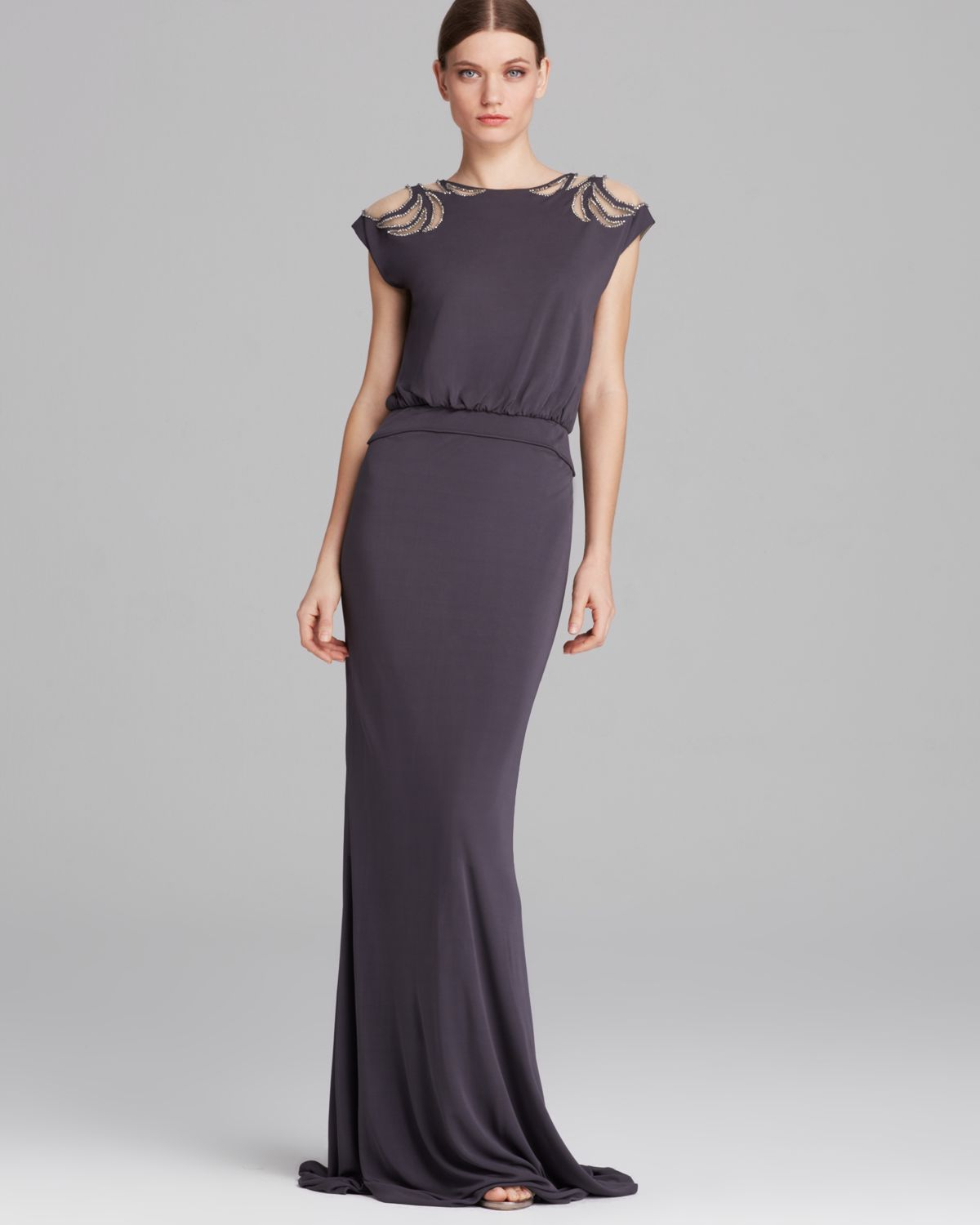 Lyst Badgley Mischka Gown Deco Beaded Shoulder Blouson In Gray Gallery