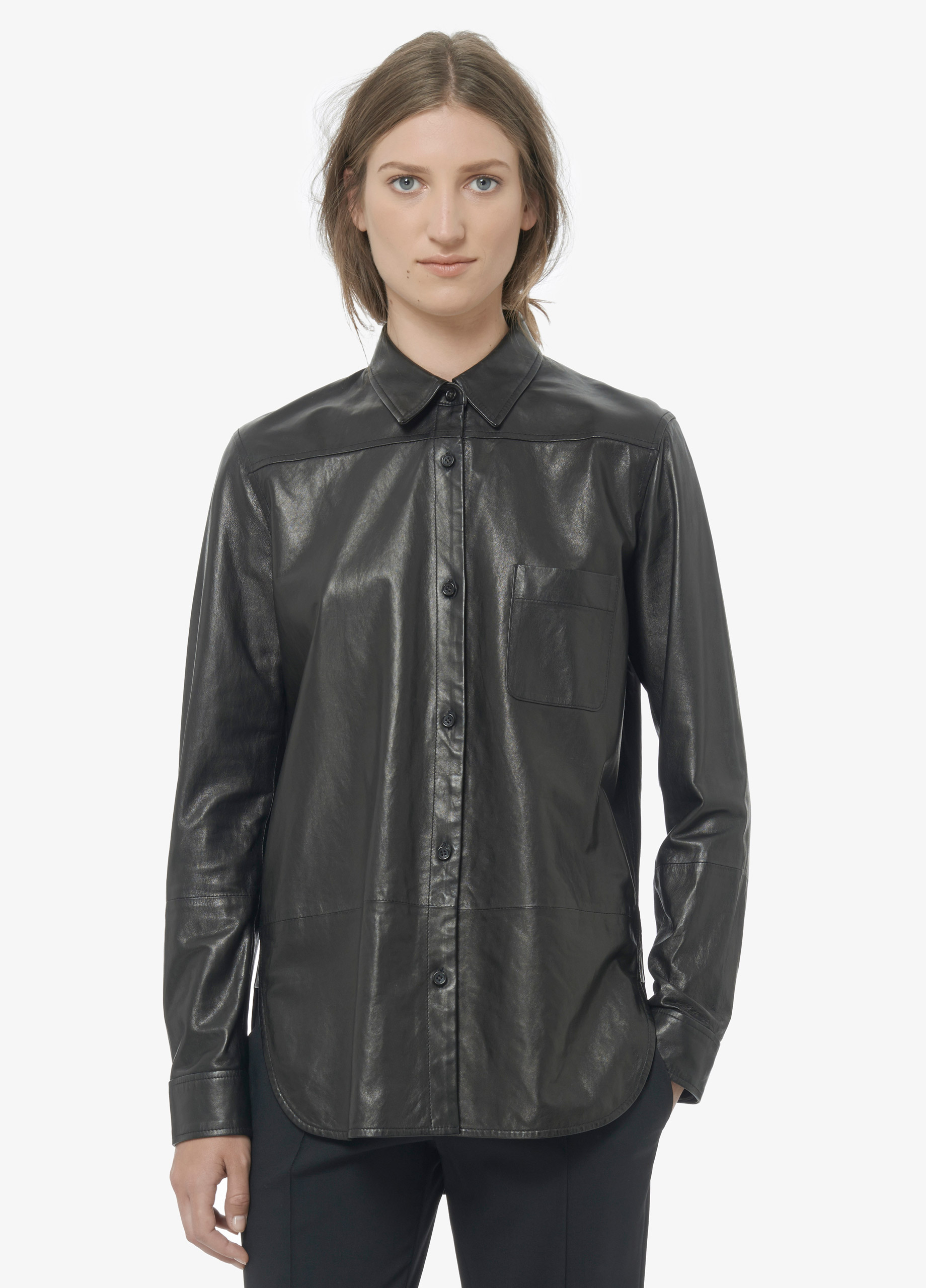 Vince Leather Button Up Shirt in Black 