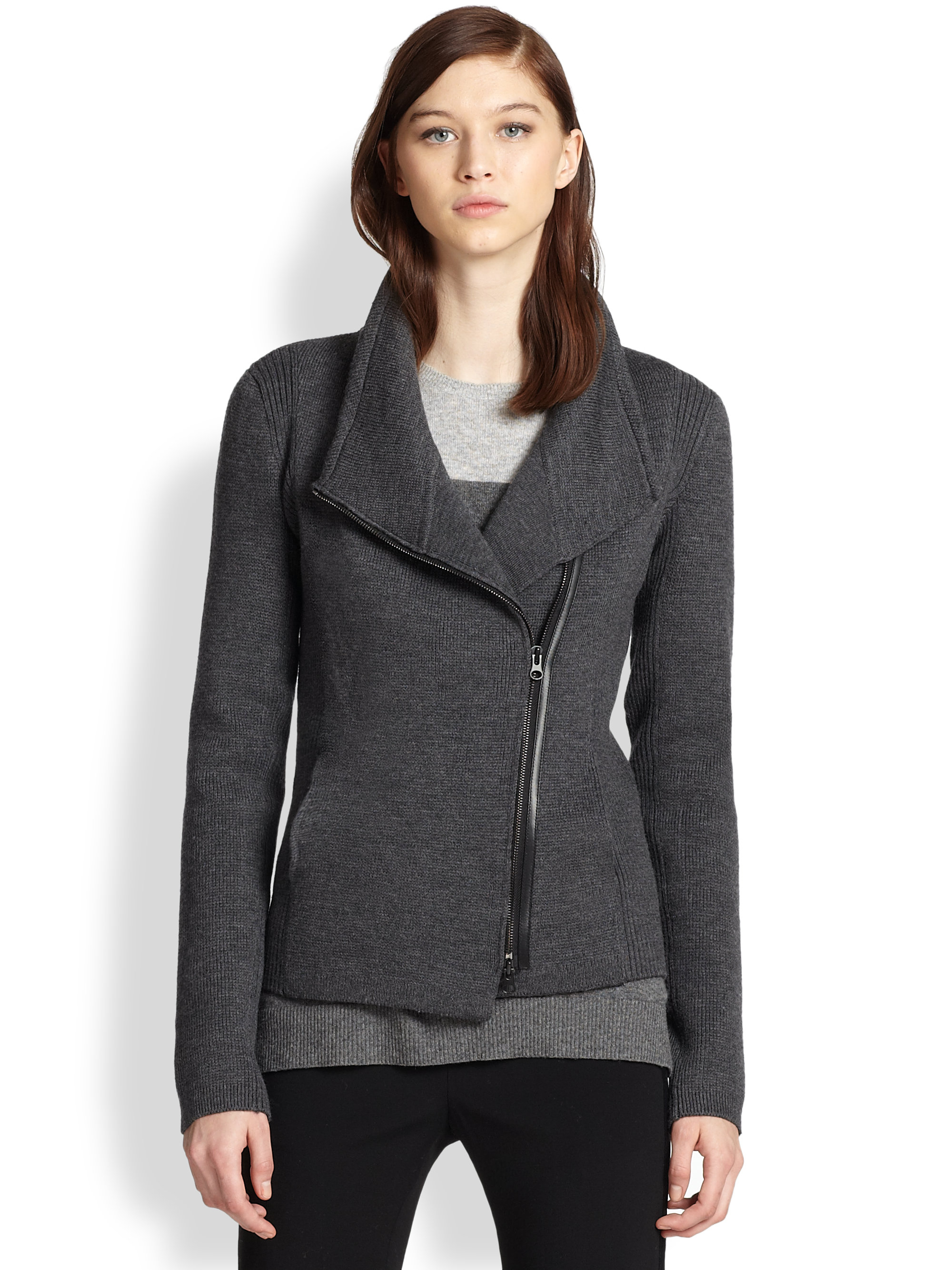 Lyst Vince LeatherTrimmed Wool BikerStyle Cardigan in Gray