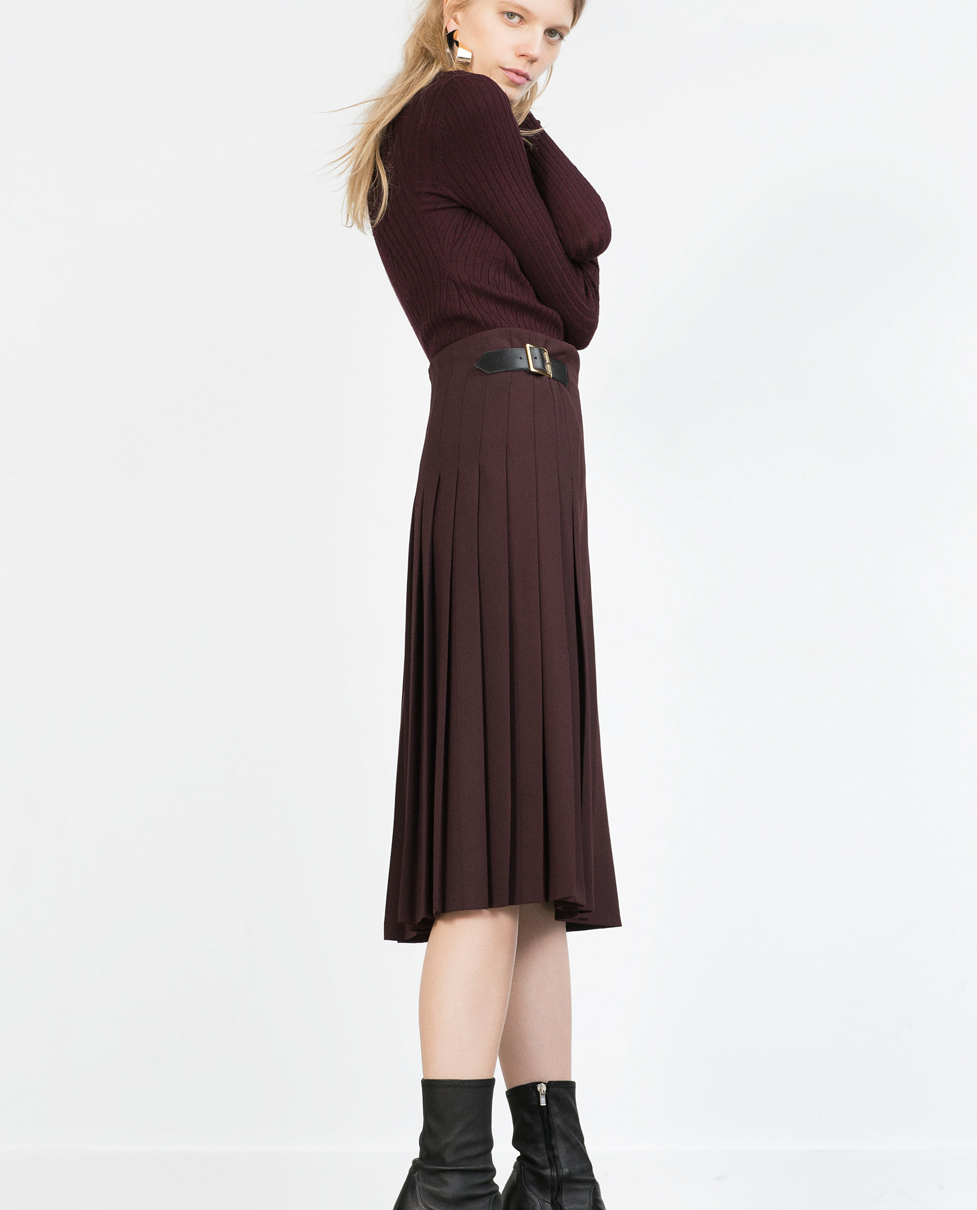 Zara Mid Length Box Pleat Skirt With Side Buckles In Purple Maroon Lyst 