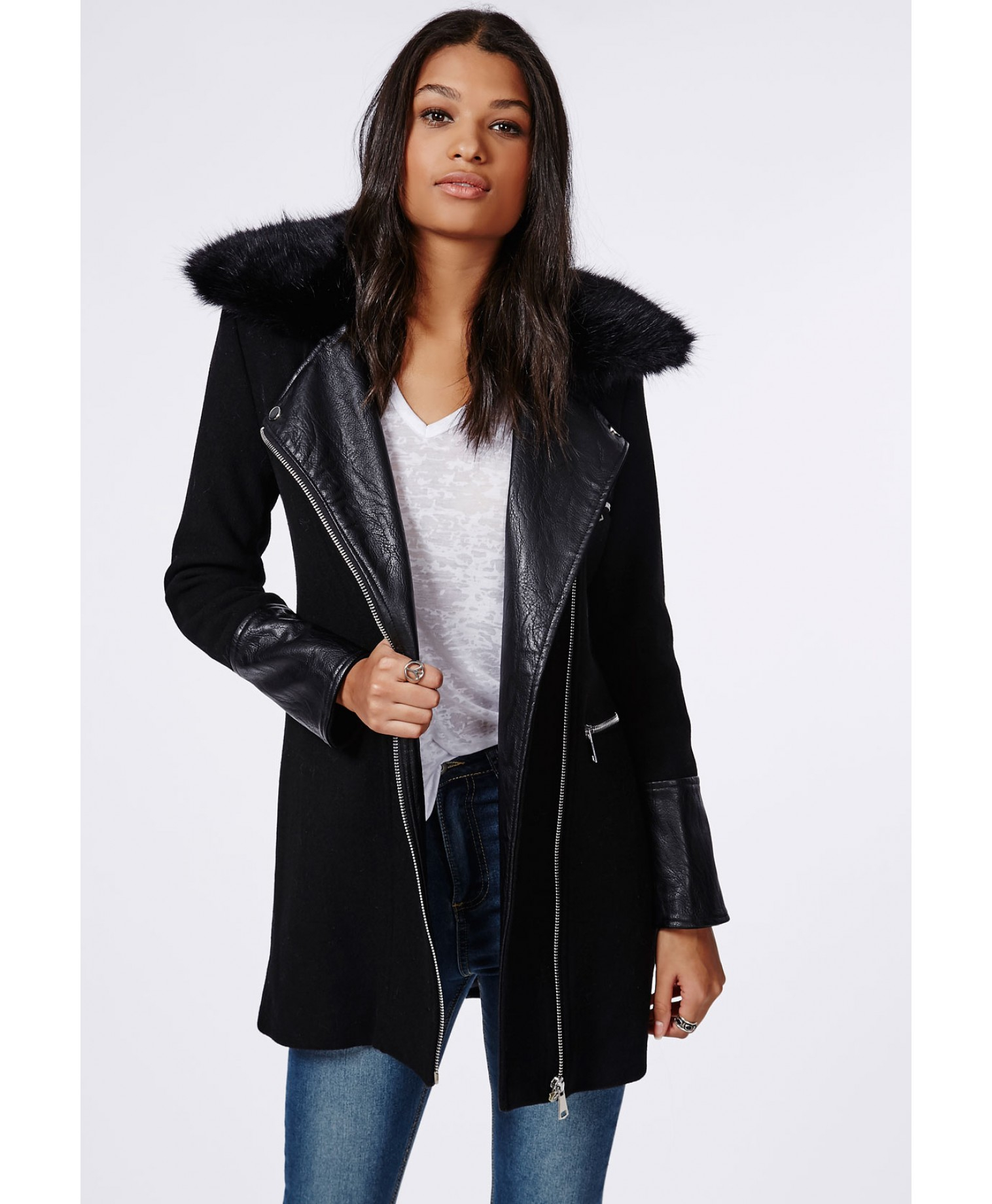Lyst Missguided Detachable Fur Collar Long Line Biker Jacket Black Gallery