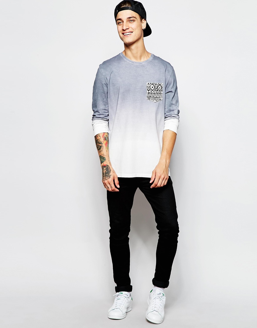Longline Long Sleeve T Shirt With Dip Dye And Printed Pocket In Relaxed Fit