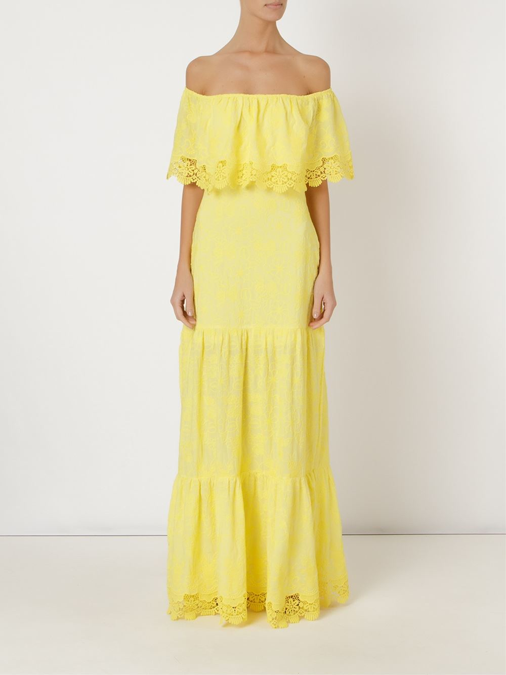 yellow ruffle off the shoulder dress