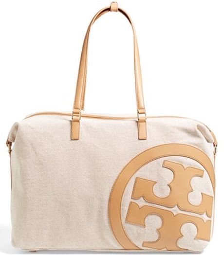 Tory Burch Lonnie Canvas and Leather Logo Duffle Bag in Beige (natural/ vachetta) | Lyst