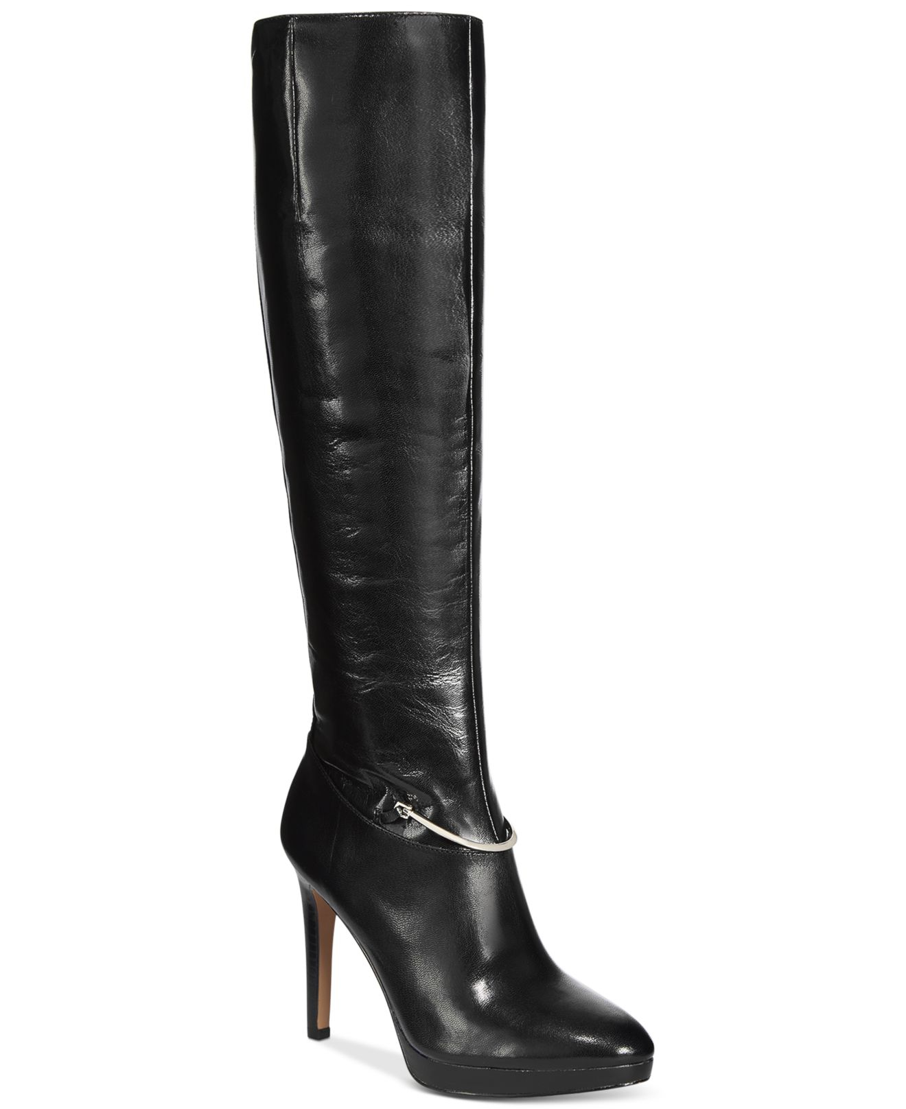 Nine West Pearson Wide Calf Tall Dress Boots in Black Leather (Black ...
