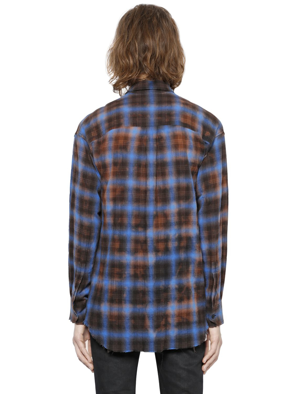 Saint Laurent Bleached Plaid Cotton Flannel Shirt in Blue for Men Lyst