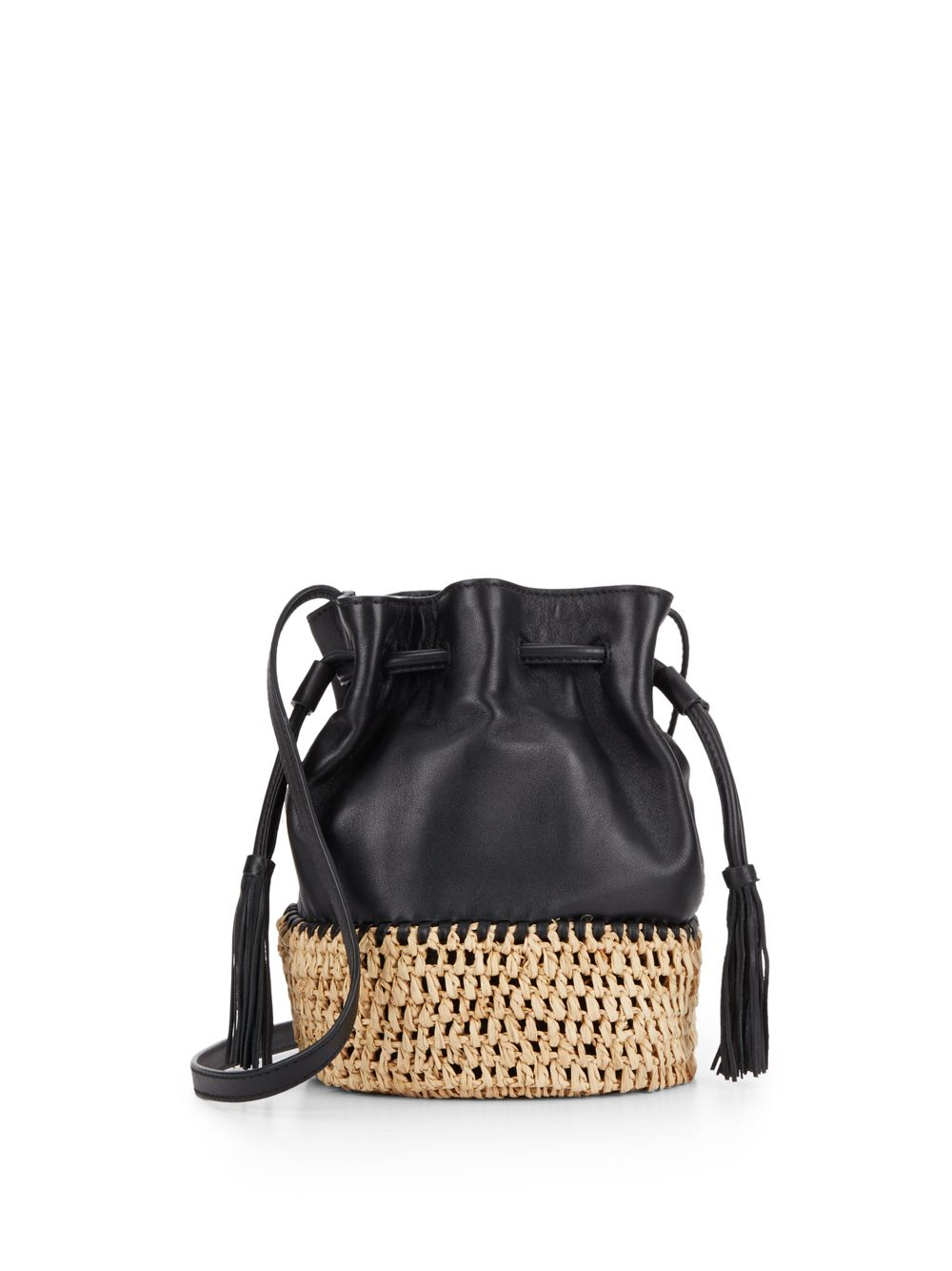 Loeffler Randall Woven Straw & Leather Mini Bucket Bag in Black