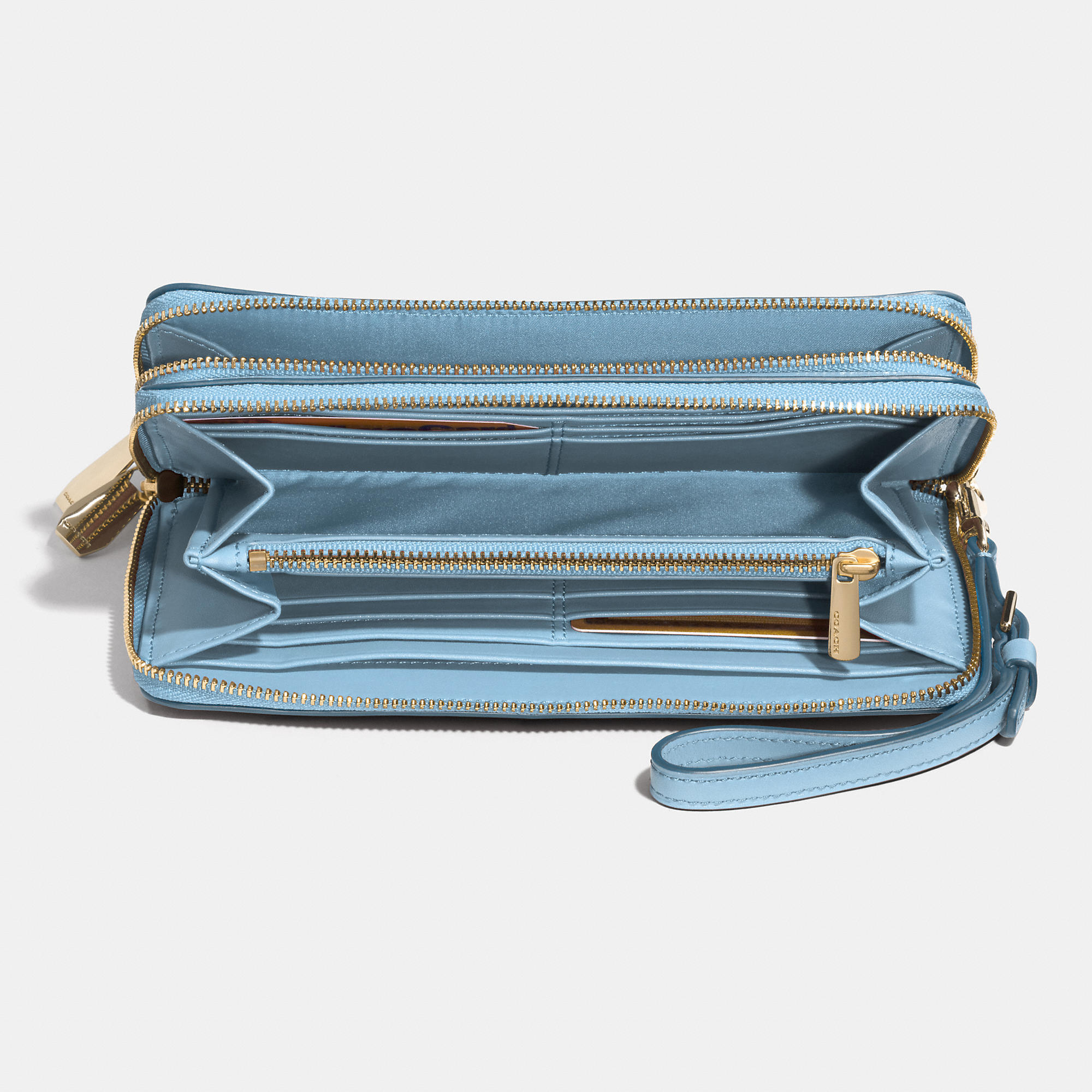 COACH Madison Double Accordion Zip Wallet In Leather in Light Gold/Pale Blue (Blue) - Lyst