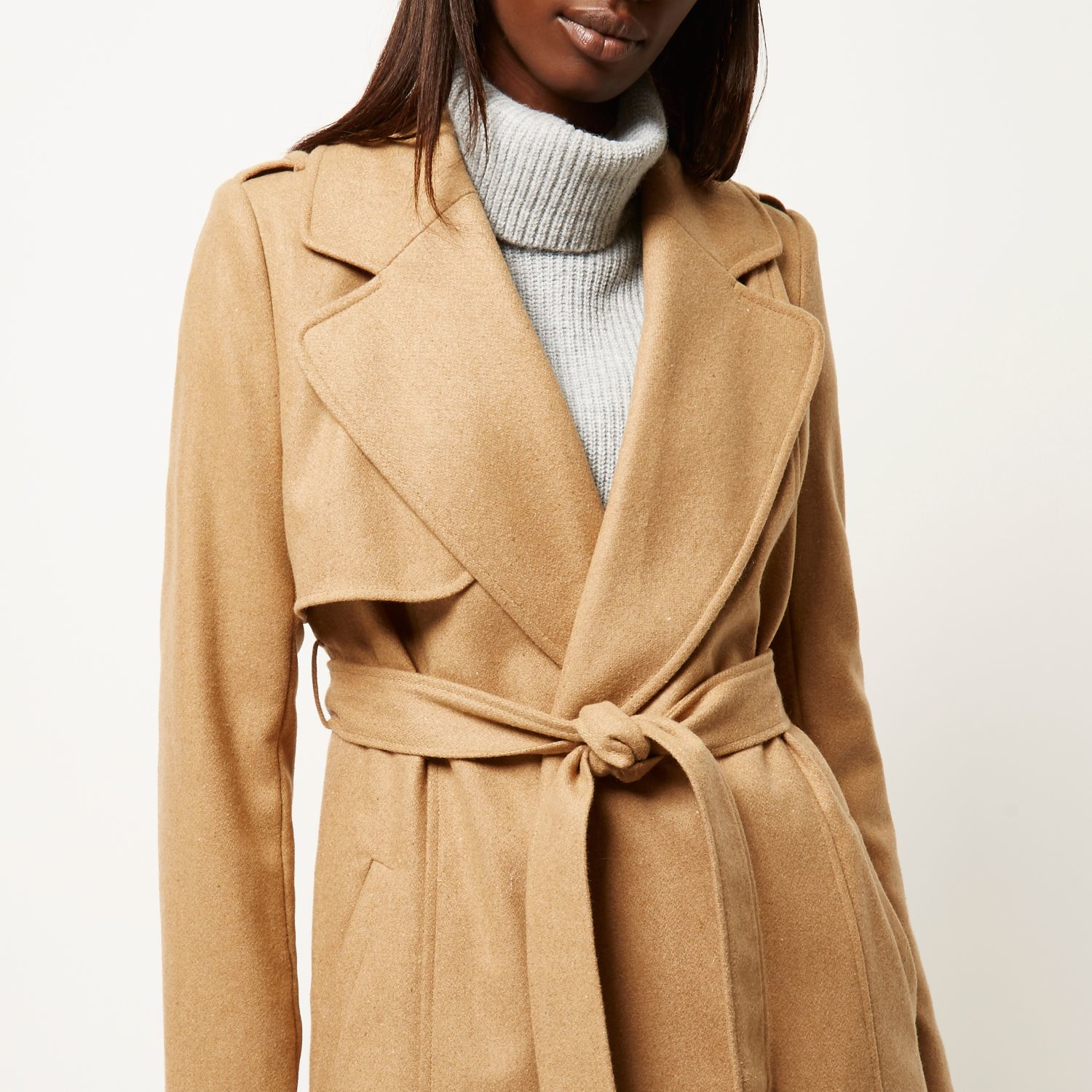 River Island Camel Wool-blend Longline Trench Coat in Natural - Lyst