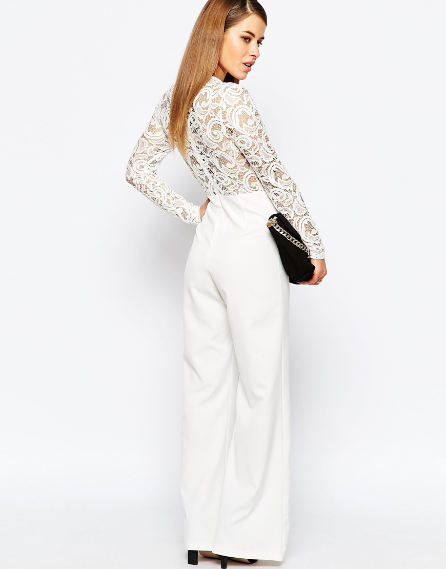 John Zack Lace Sleeve And Back Detail Jumpsuit in White | Lyst