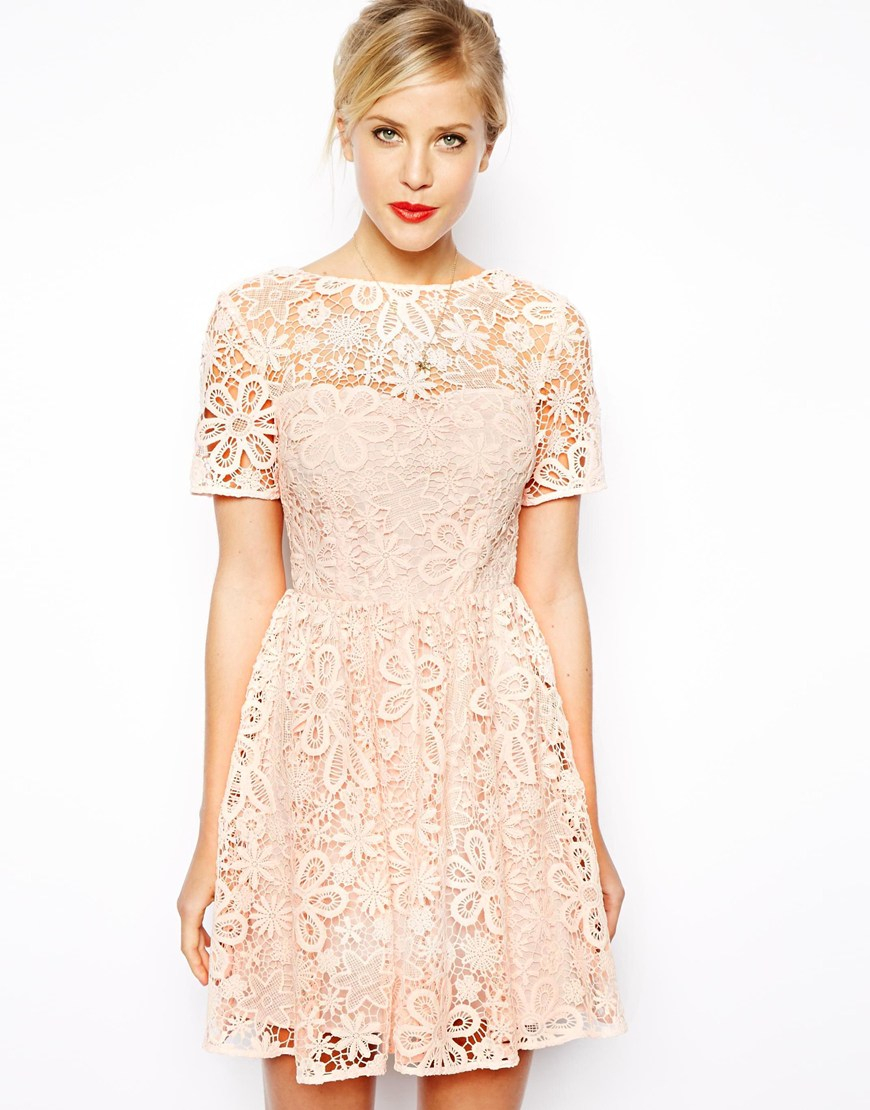 Lyst - Asos Lace Skater Dress With Herringbone Tie Back Detail in Pink