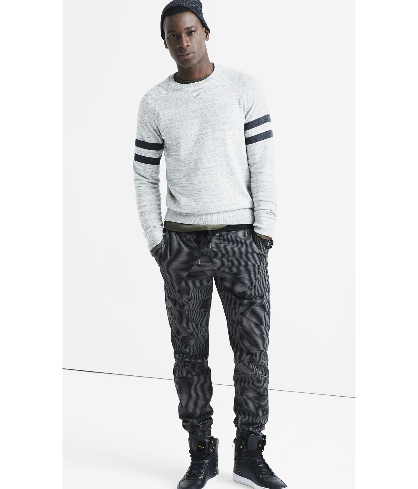 Lyst Express Heathered Striped Sleeve Baseball Sweater in Gray for Men