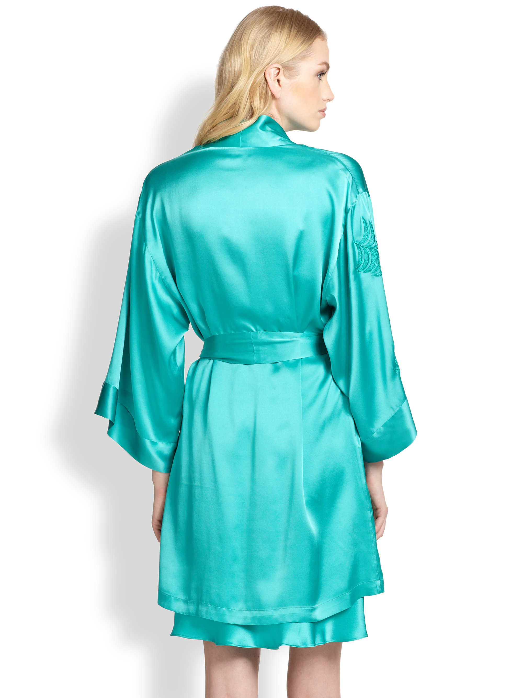 Josie Natori Embroidered Satin Kimono Robe in Turquoise (Blue) Lyst