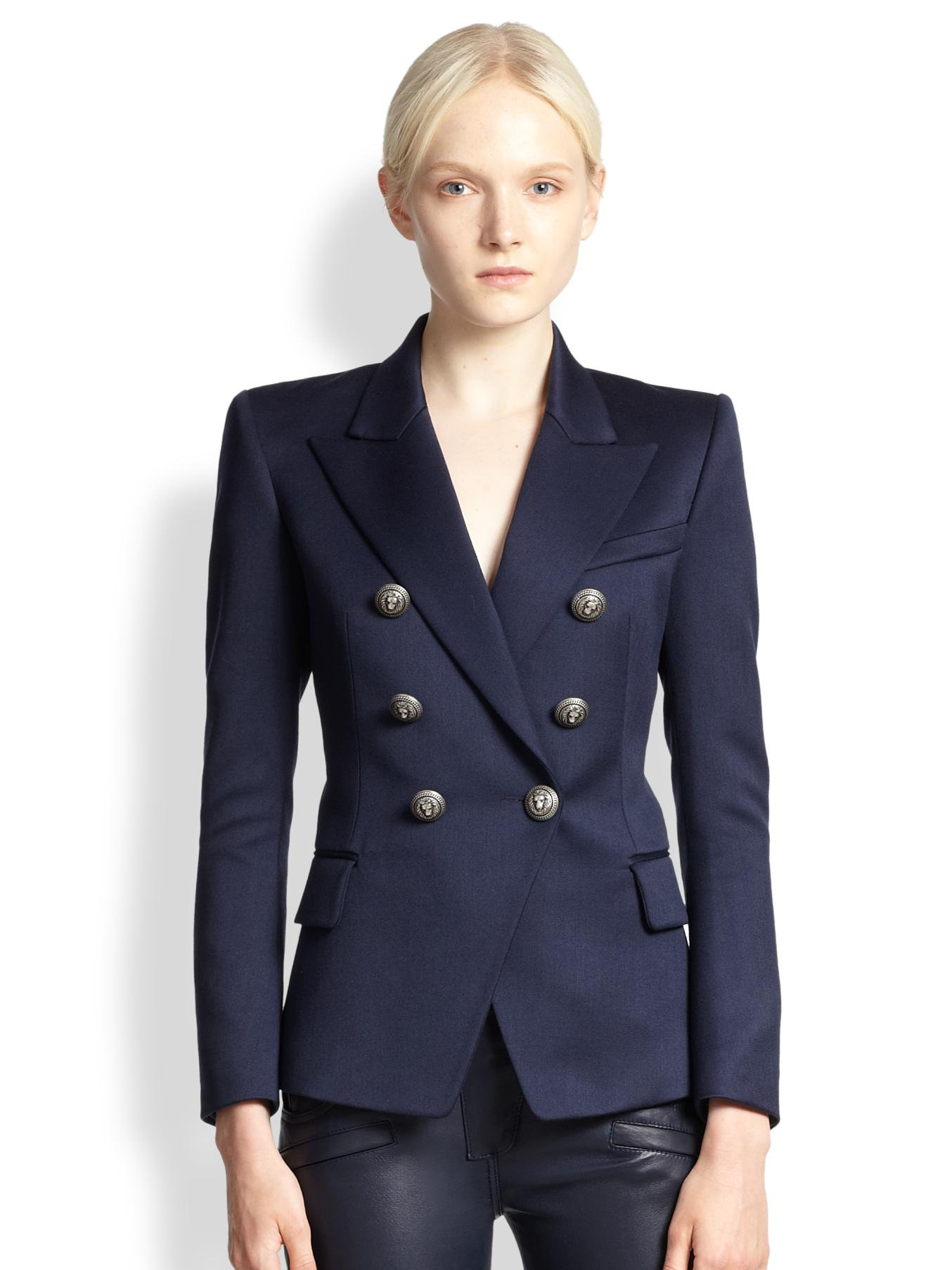 Lyst - Balmain Double-breasted Wool Blazer in Blue