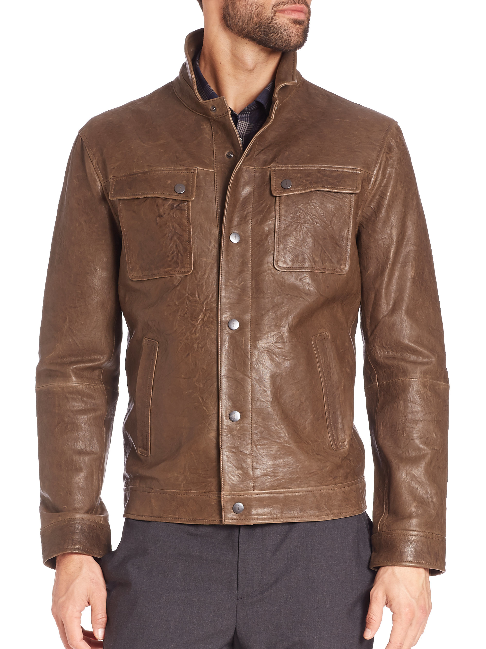 John Varvatos Snap Front Leather Jacket In Green For Men Lyst Gallery
