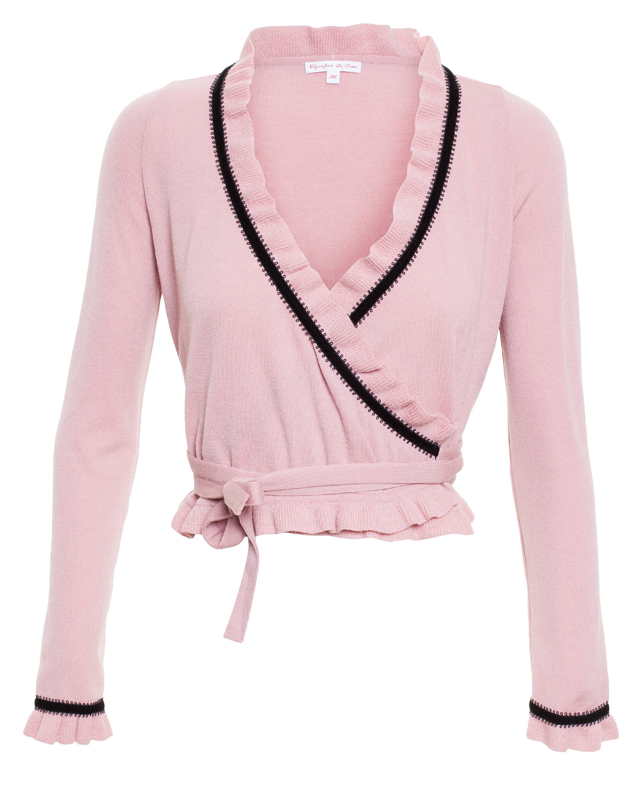 pink cardigan with black trim